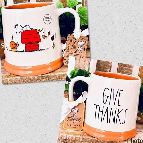 NWT Rae Dunn Snoopy GIVE THANKS Orange White Thanksgiving Jumbo Graphic Mug - Picture 1 of 14